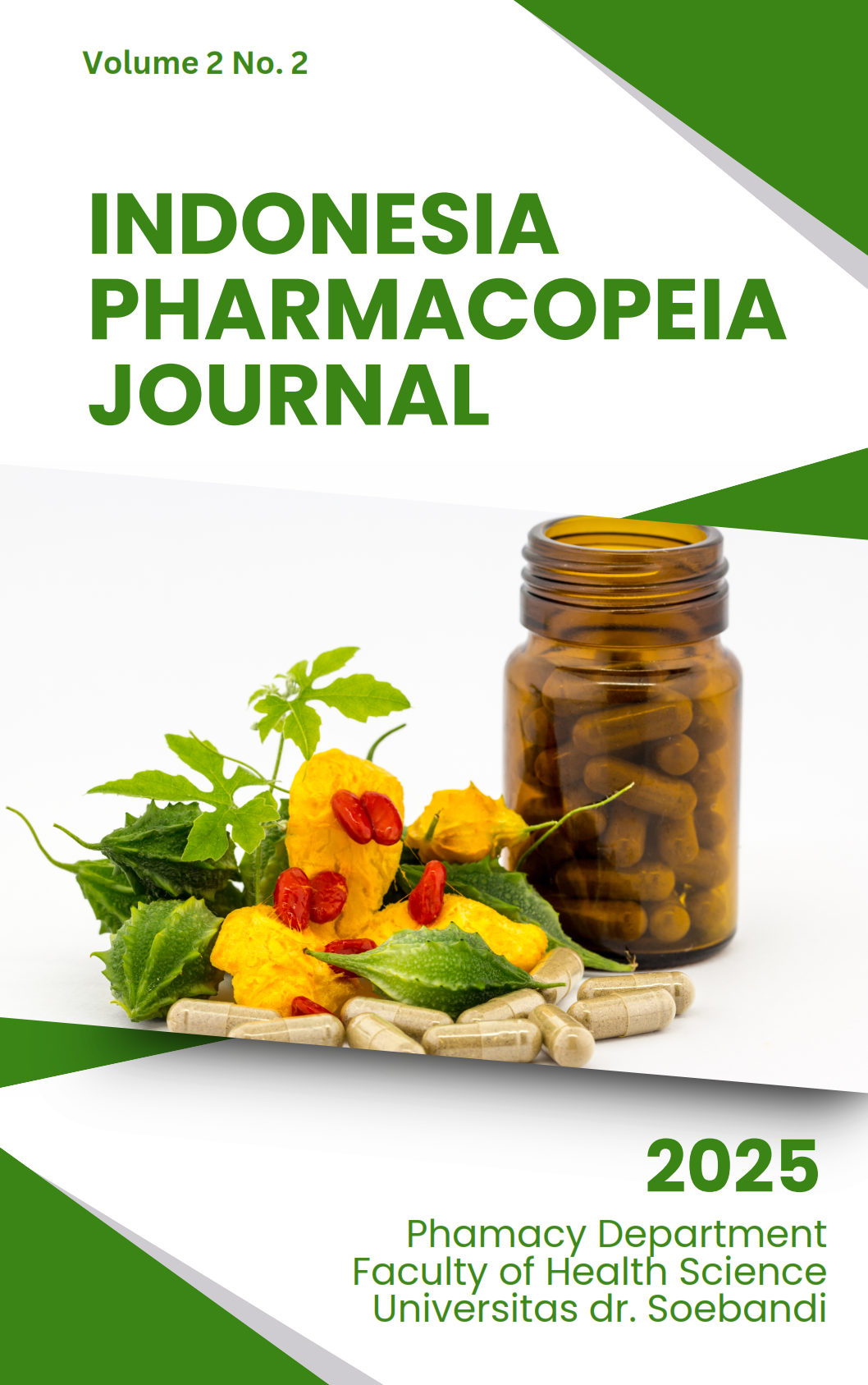 Indonesian Pharmacopeia Journal (IPJ) is a scientific journal published by Universitas dr. Soebandi, Indonesia. Releasing two issues annually in January and September, we dedicate our journal to research and development especially in the field of Pharmaceutics. We accept manuscripts that cover research in pharmaceutical biology, pharmaceutics, pharmaceutical chemistry, pharmacology, community clinics, and pharmaceutical management. Manuscripts accepted in our journal include research papers, original research articles, and research on short communication.